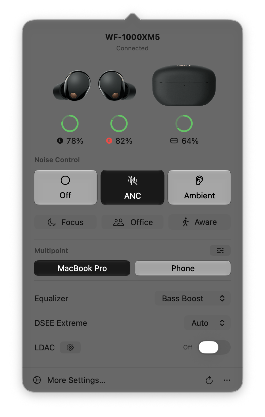 Acouplet showing Sony WF-1000XM5 battery levels, noise control, multipoint and audio settings.